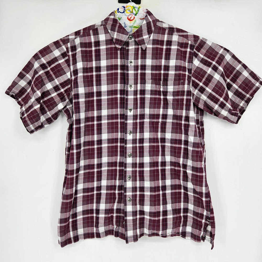 Game Guard Shirt Mens Large 1719 Maroon Plaid Pockets Short Sleeve Button Up